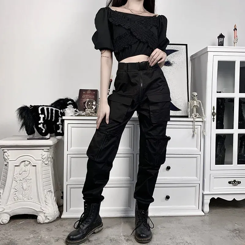 مجموعة اروين arwen&ajh group 2024  Joggers Ribbons Pants Black cargo slacks high waist sports pants Streetwear Hip Hop Casual Overalls Trousers Cool Safari Style