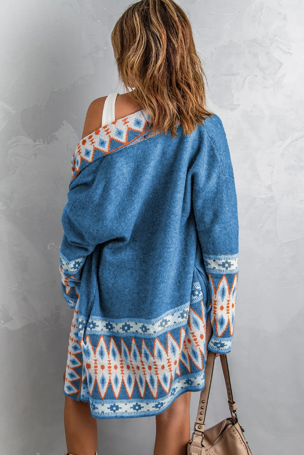 Aztec Print Open Front Knitted Cardigan