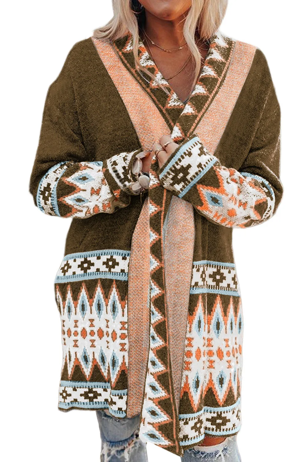 Aztec Print Open Front Knitted Cardigan