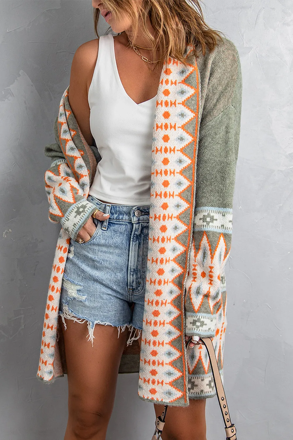 Aztec Print Open Front Knitted Cardigan