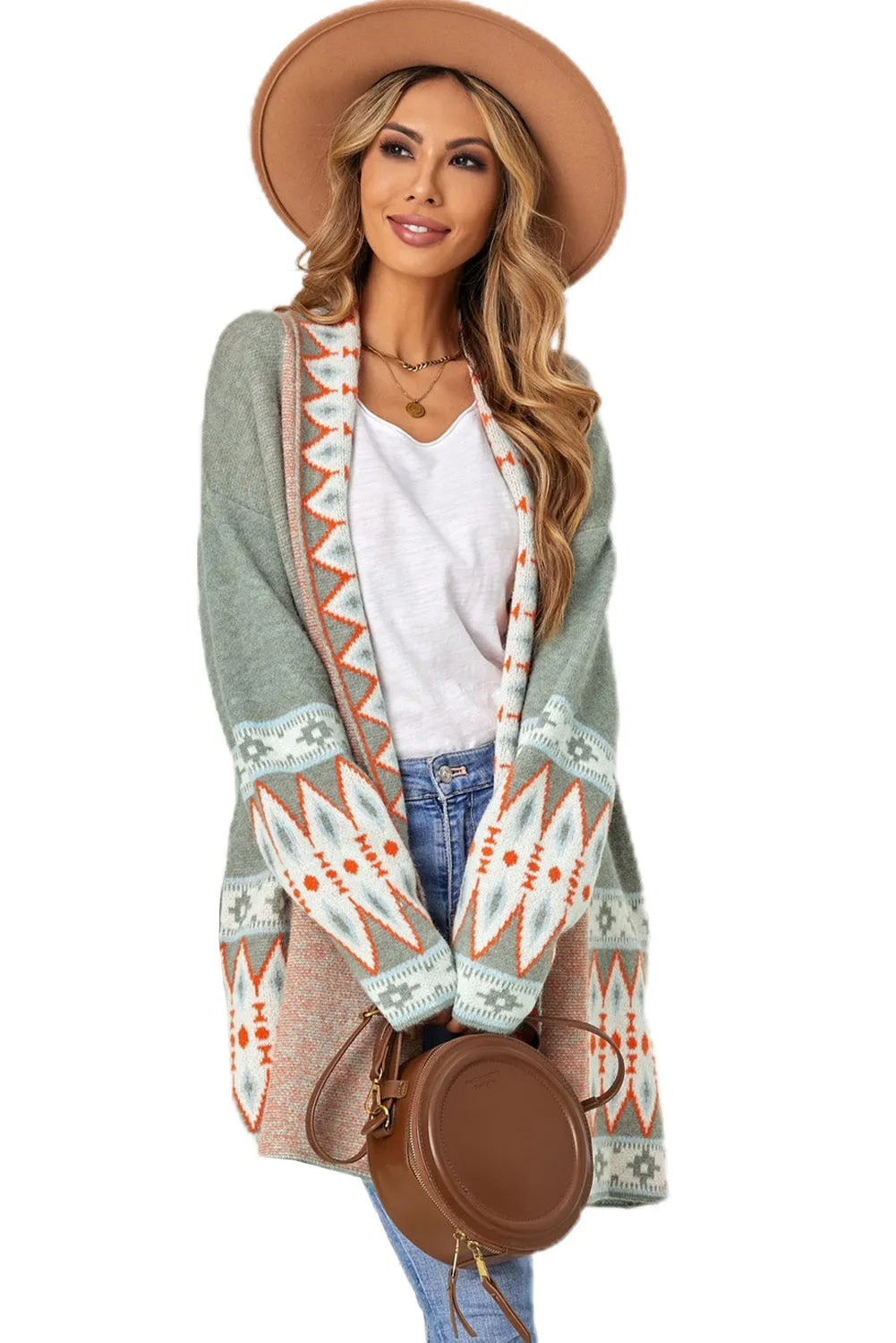 Aztec Print Open Front Knitted Cardigan