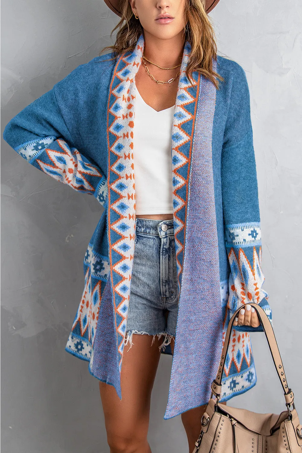 Aztec Print Open Front Knitted Cardigan