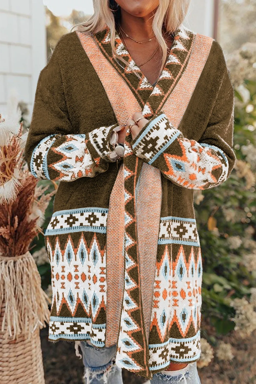 Aztec Print Open Front Knitted Cardigan