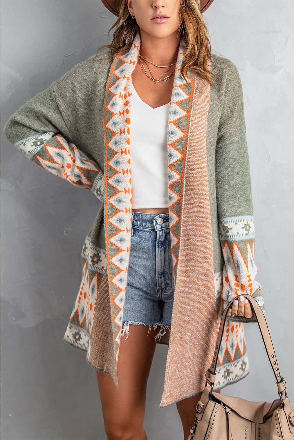 Aztec Print Open Front Knitted Cardigan