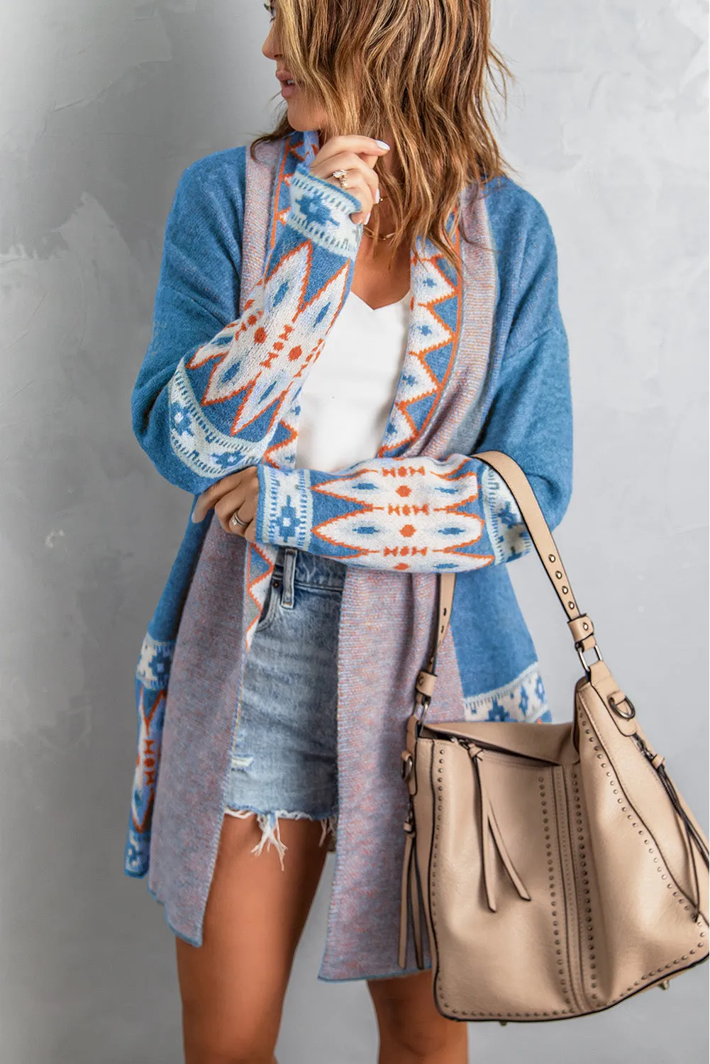 Aztec Print Open Front Knitted Cardigan