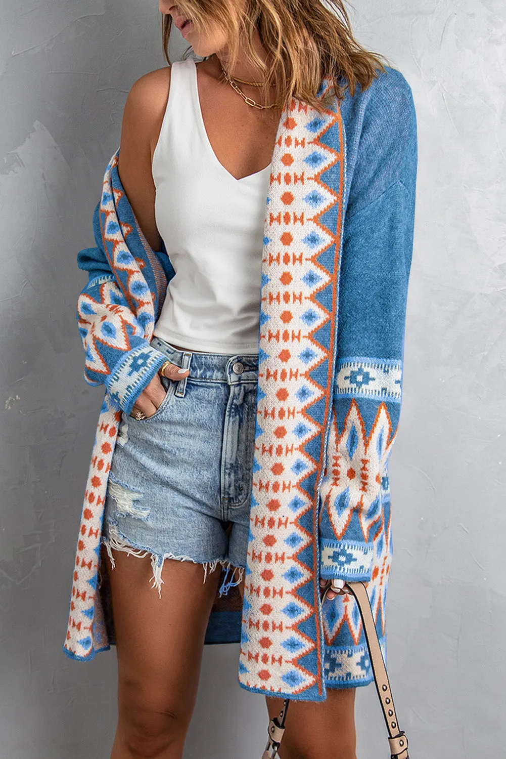 Aztec Print Open Front Knitted Cardigan