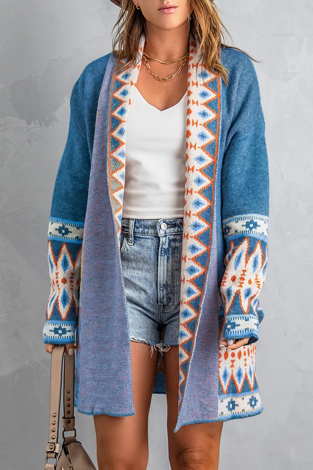 Aztec Print Open Front Knitted Cardigan