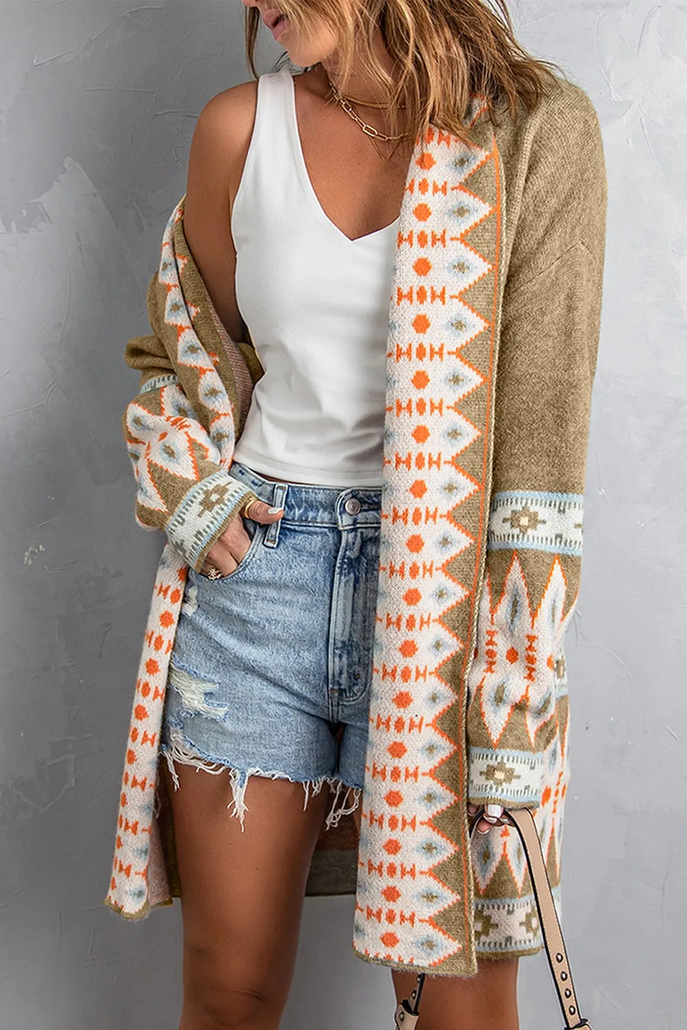 Aztec Print Open Front Knitted Cardigan