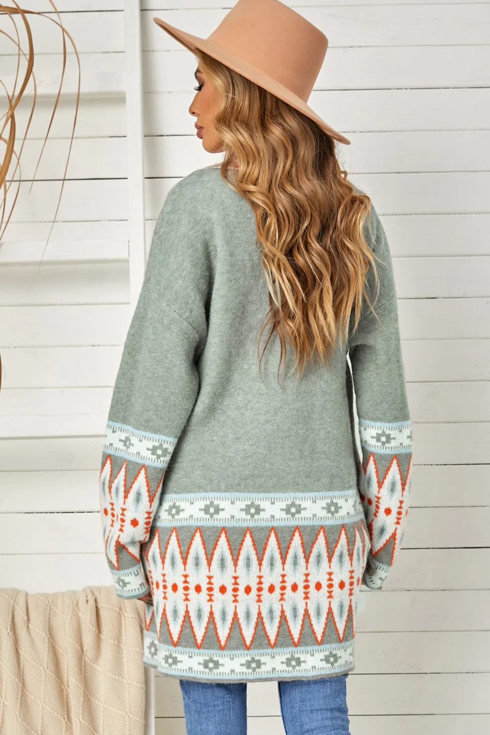 Aztec Print Open Front Knitted Cardigan