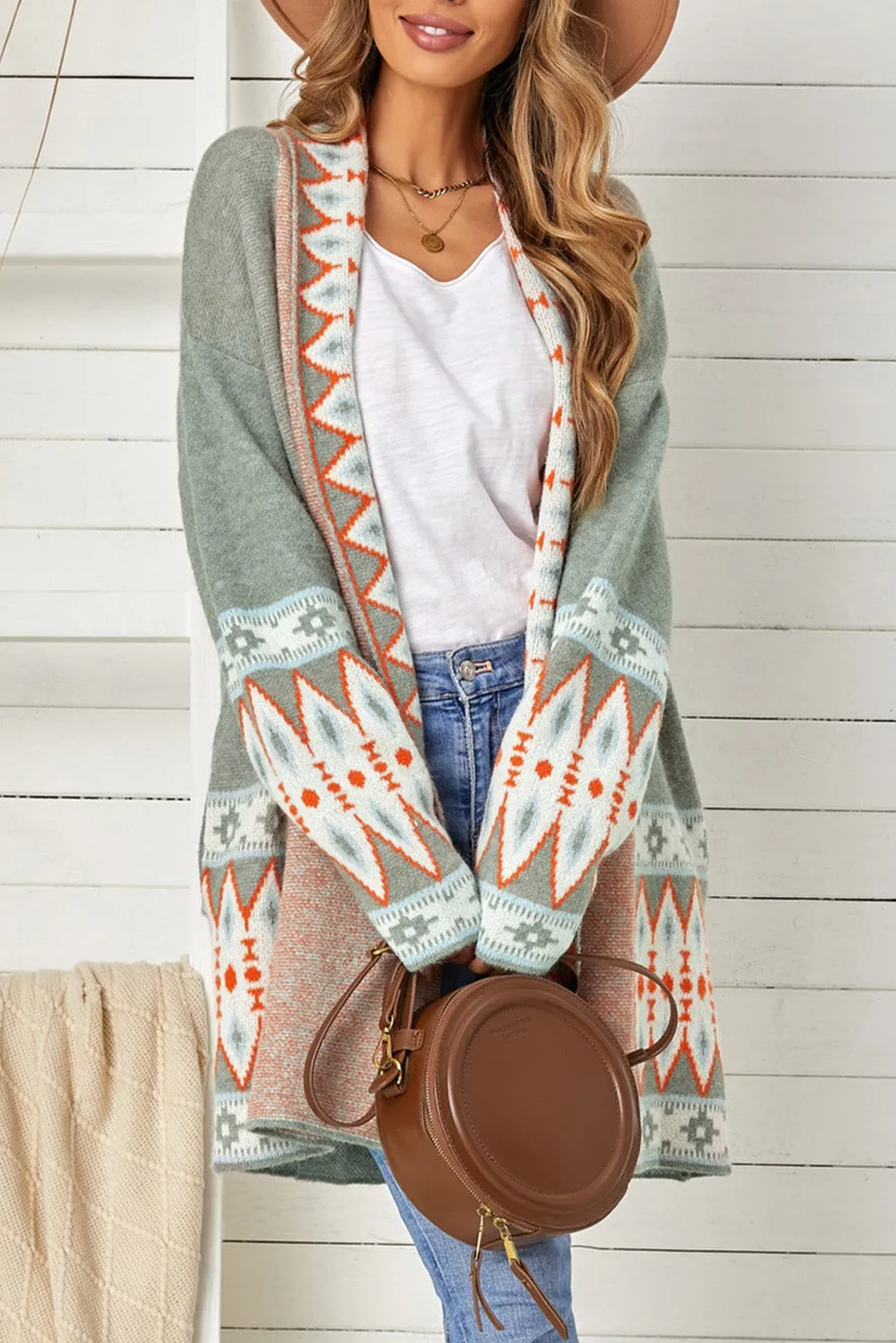 Aztec Print Open Front Knitted Cardigan