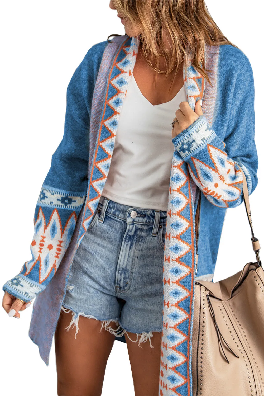 Aztec Print Open Front Knitted Cardigan