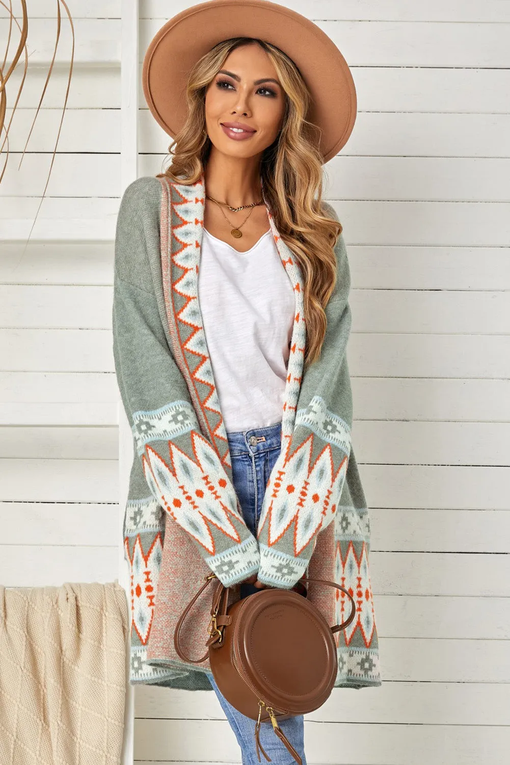 Aztec Print Open Front Knitted Cardigan