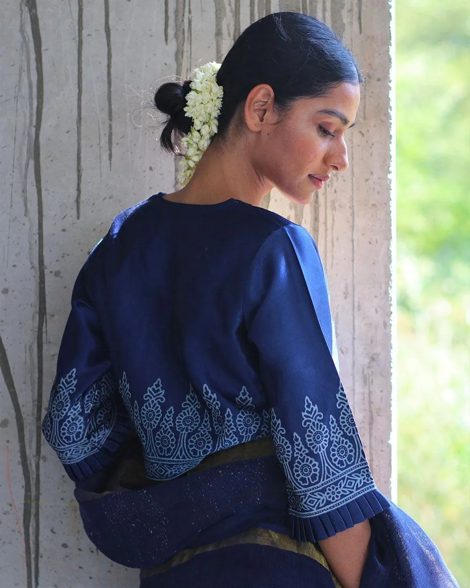 Blue Mashru Silk Blockprinted Blouse-Manjari