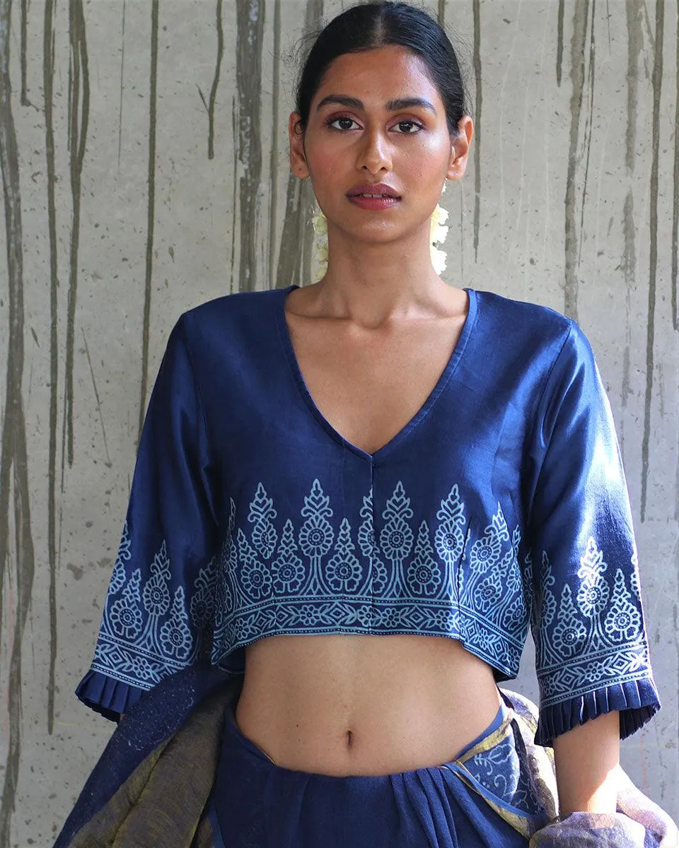 Blue Mashru Silk Blockprinted Blouse-Manjari