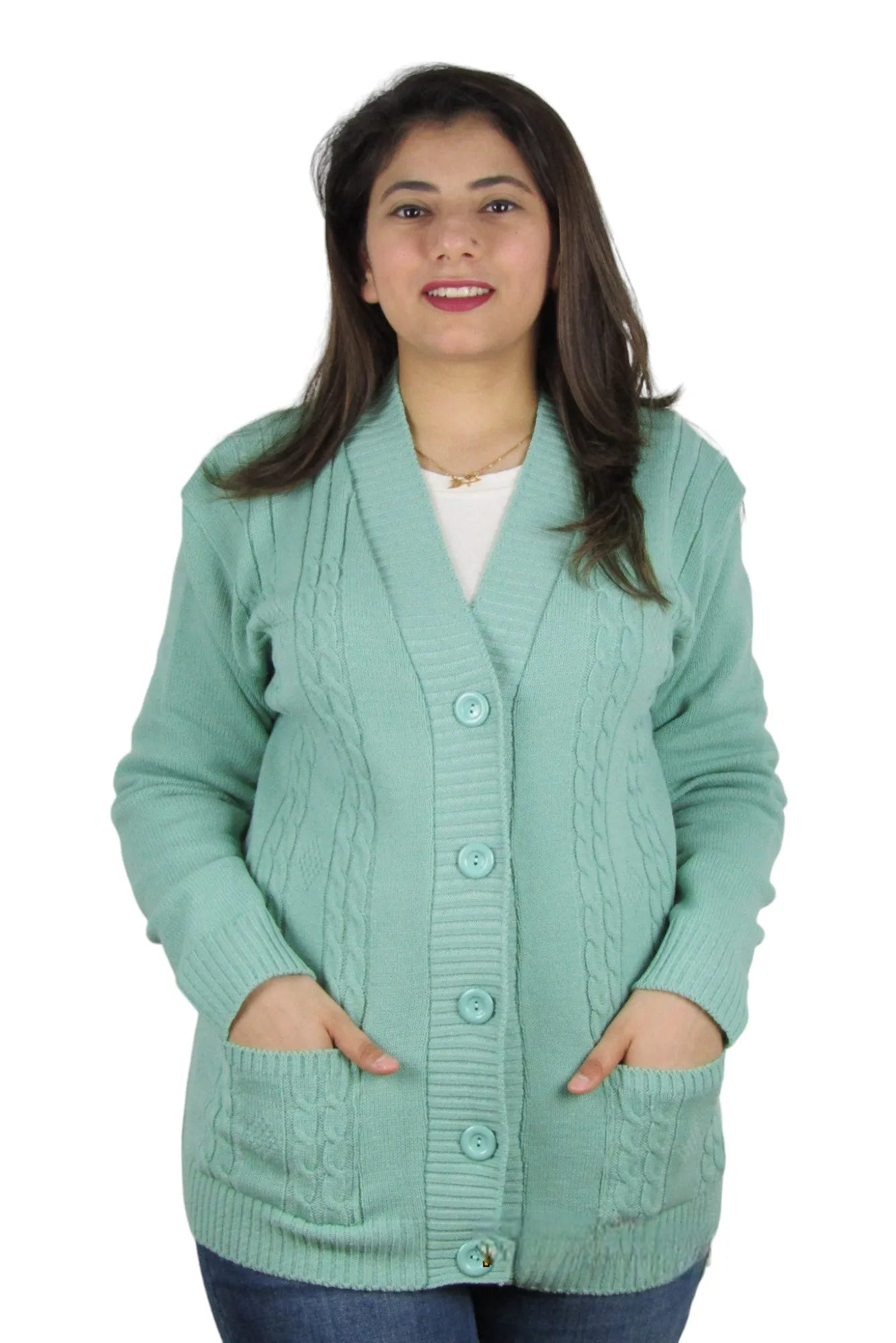 Cable Knit Long Sleeve Open Front Knitted Button Cardigan Pocket Jumper Sweater Top