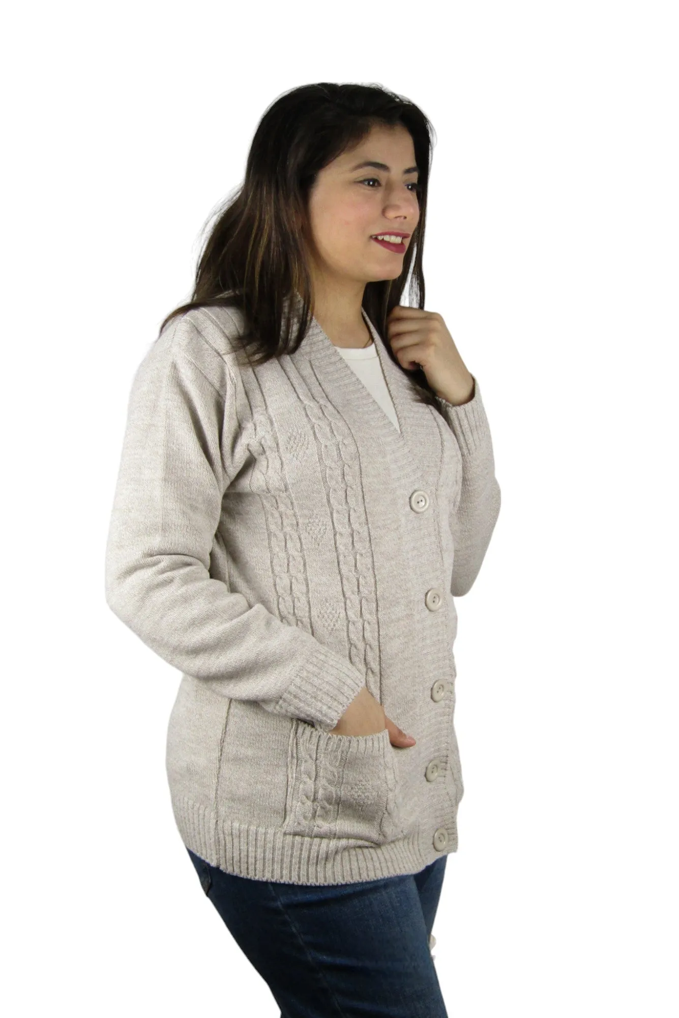 Cable Knit Long Sleeve Open Front Knitted Button Cardigan Pocket Jumper Sweater Top