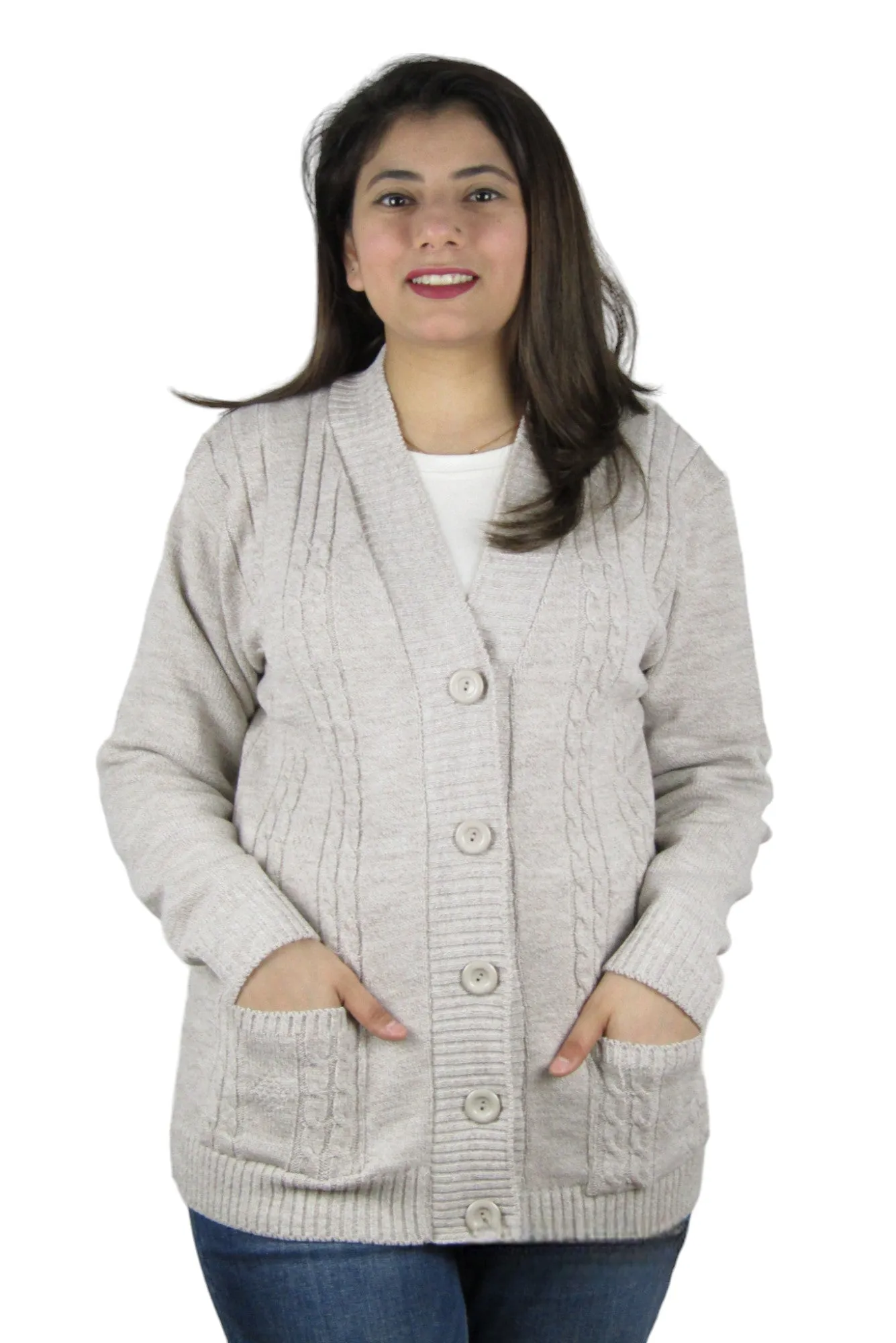 Cable Knit Long Sleeve Open Front Knitted Button Cardigan Pocket Jumper Sweater Top