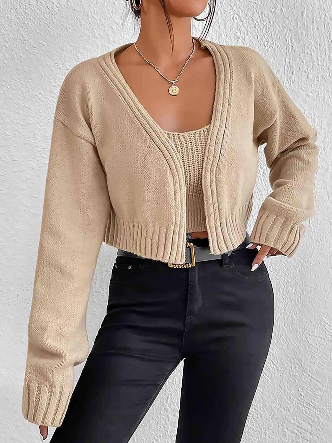 Chic Knit Cami and Cardigan Ensemble for Effortless Elegance