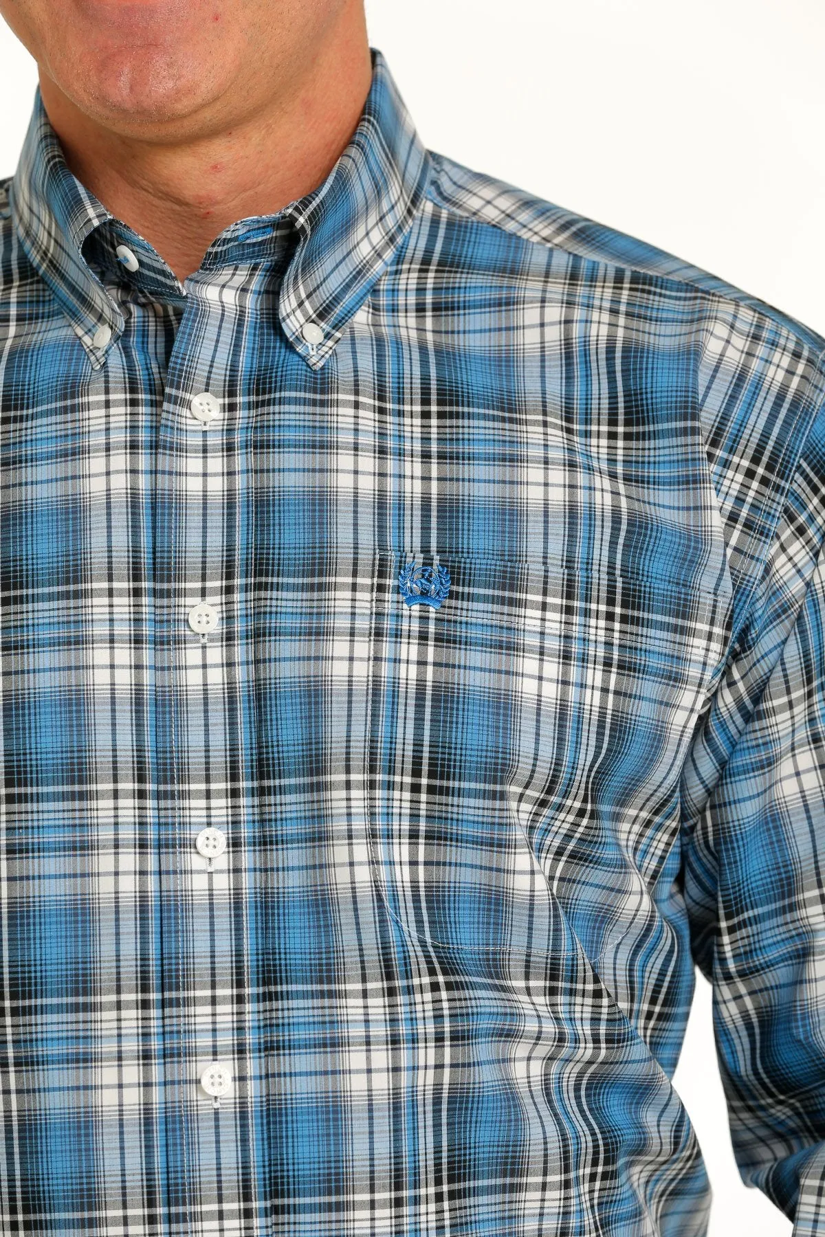 Cinch Mens Plaid Buttoned Down Western L/S Shirt - Cream/Light Blue/Navy - MTW1105514