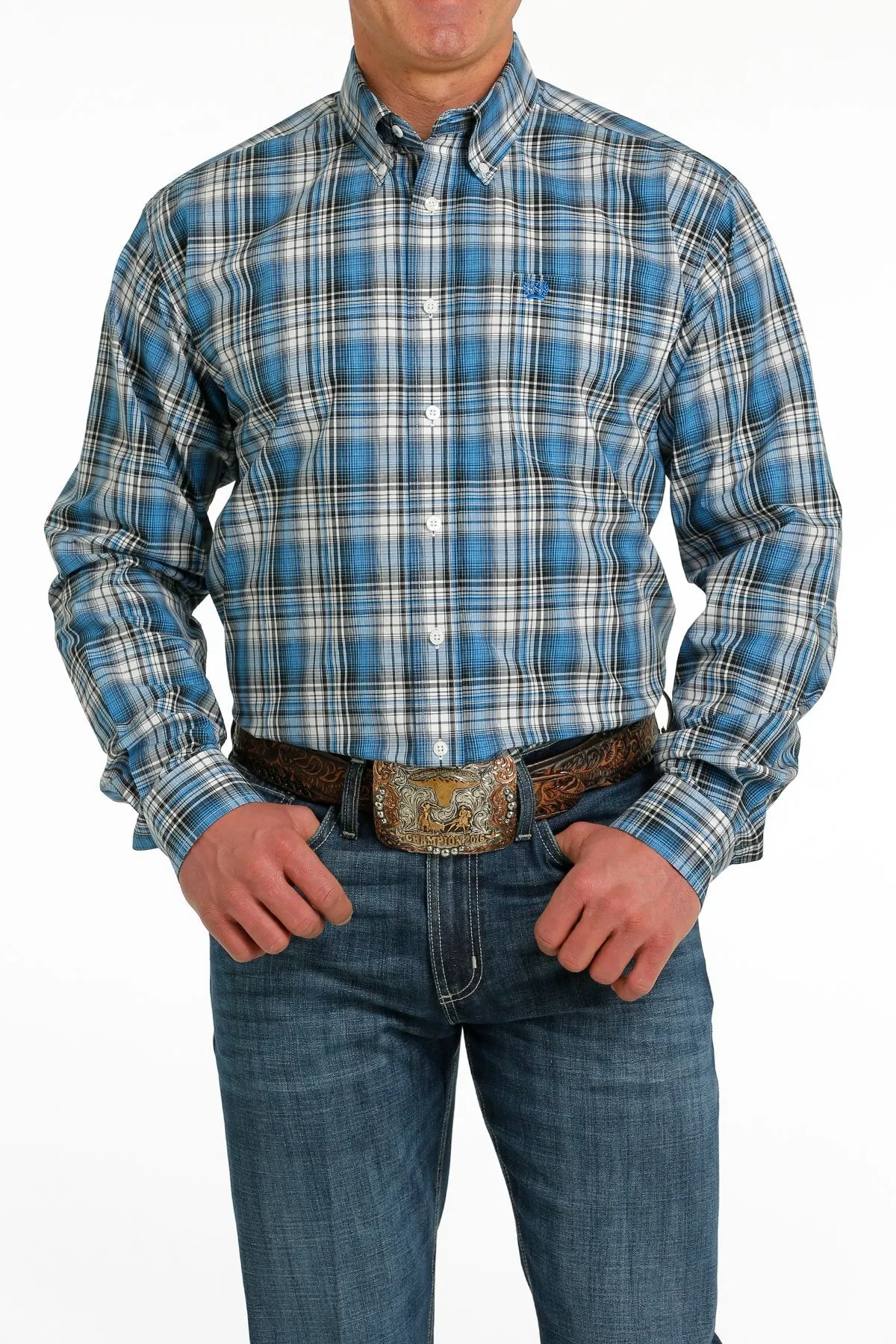 Cinch Mens Plaid Buttoned Down Western L/S Shirt - Cream/Light Blue/Navy - MTW1105514