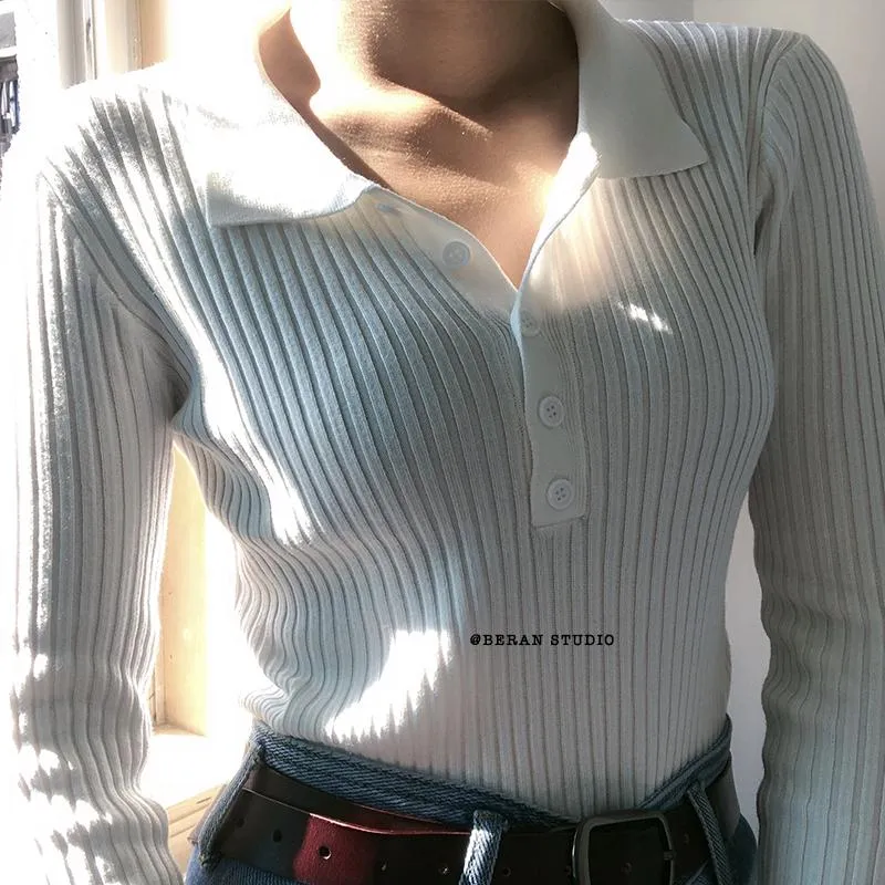 Cozy Long sleeve knitted polo shirt Tops Womens