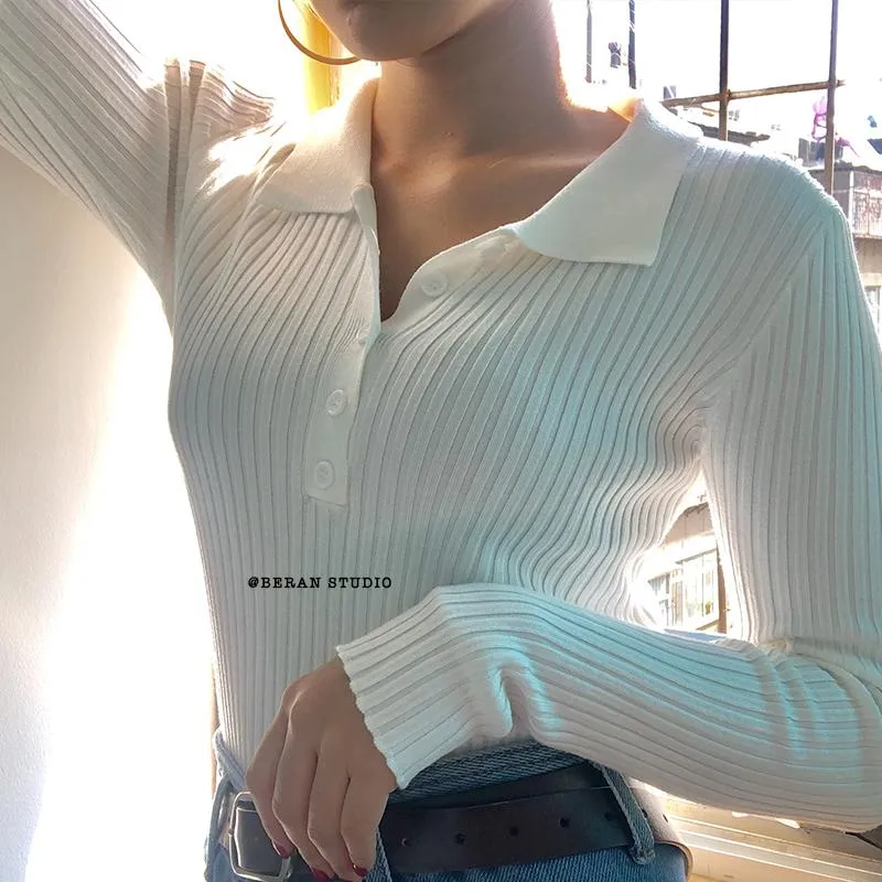 Cozy Long sleeve knitted polo shirt Tops Womens