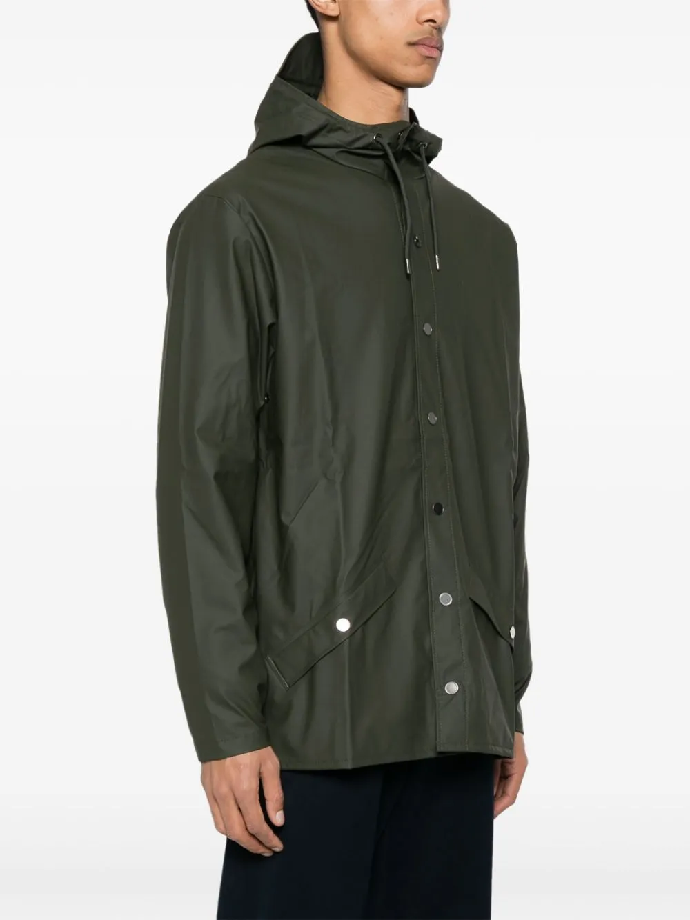 drawstring-hood buttoned rain jacket