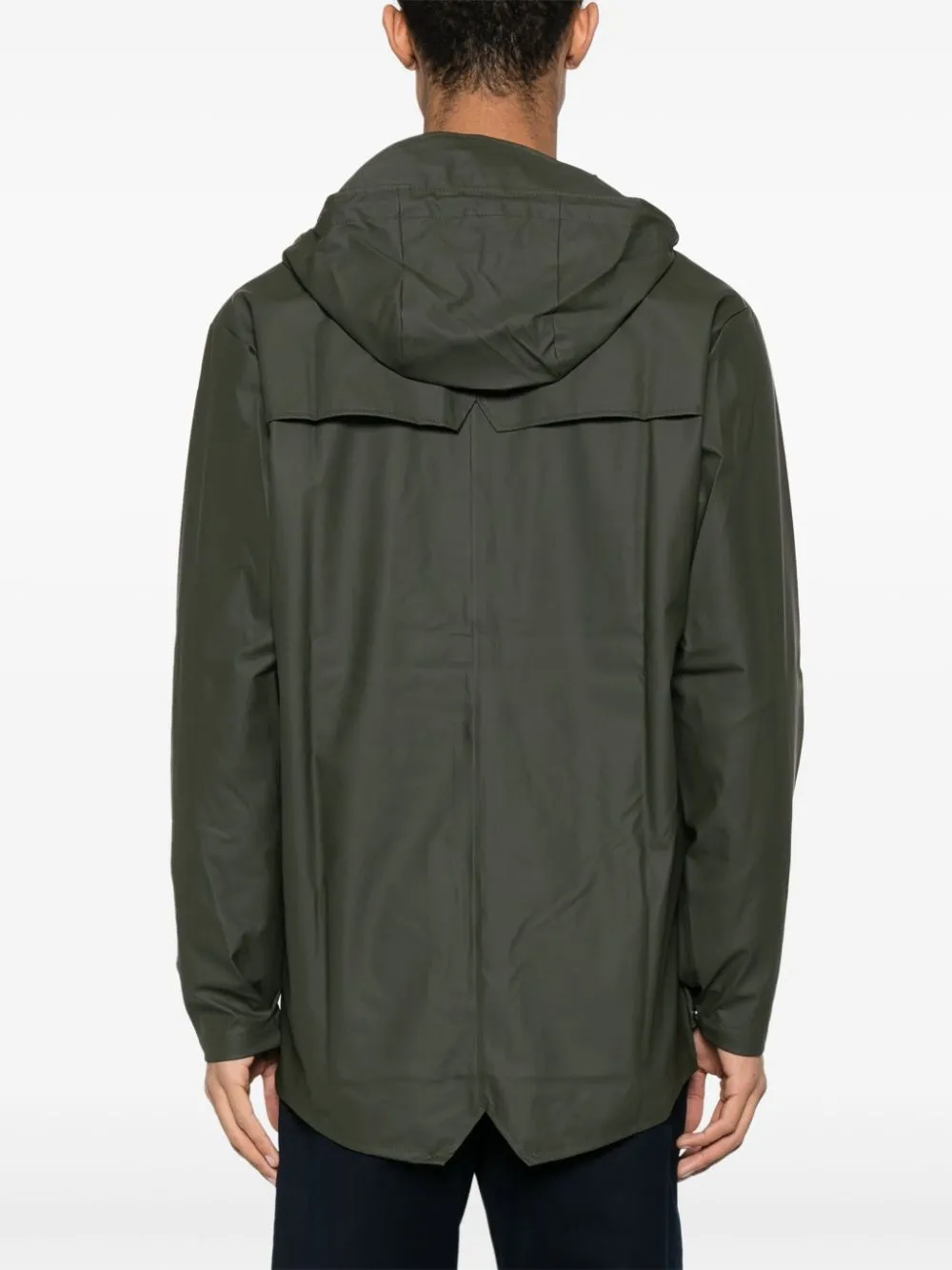 drawstring-hood buttoned rain jacket