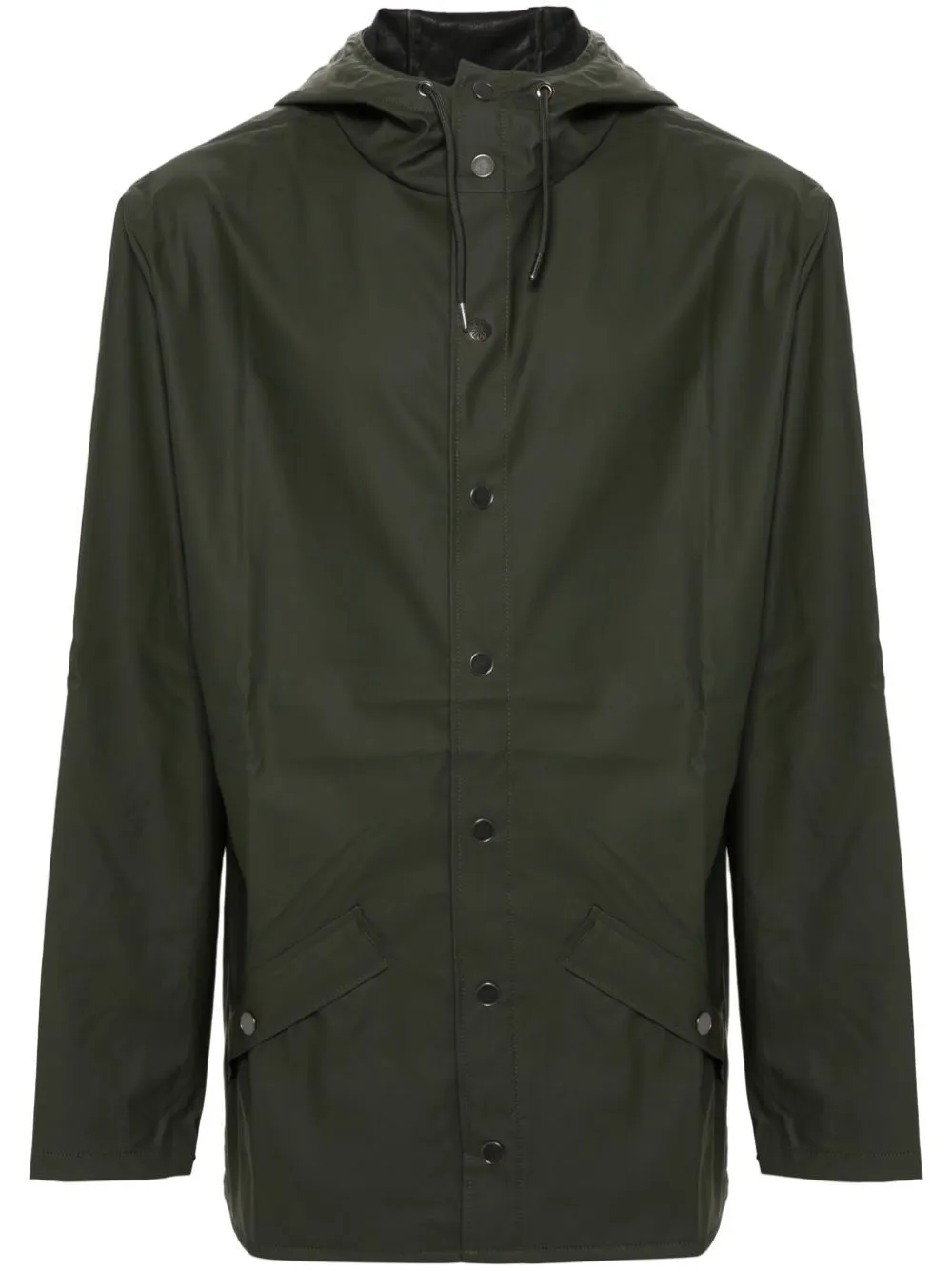 drawstring-hood buttoned rain jacket