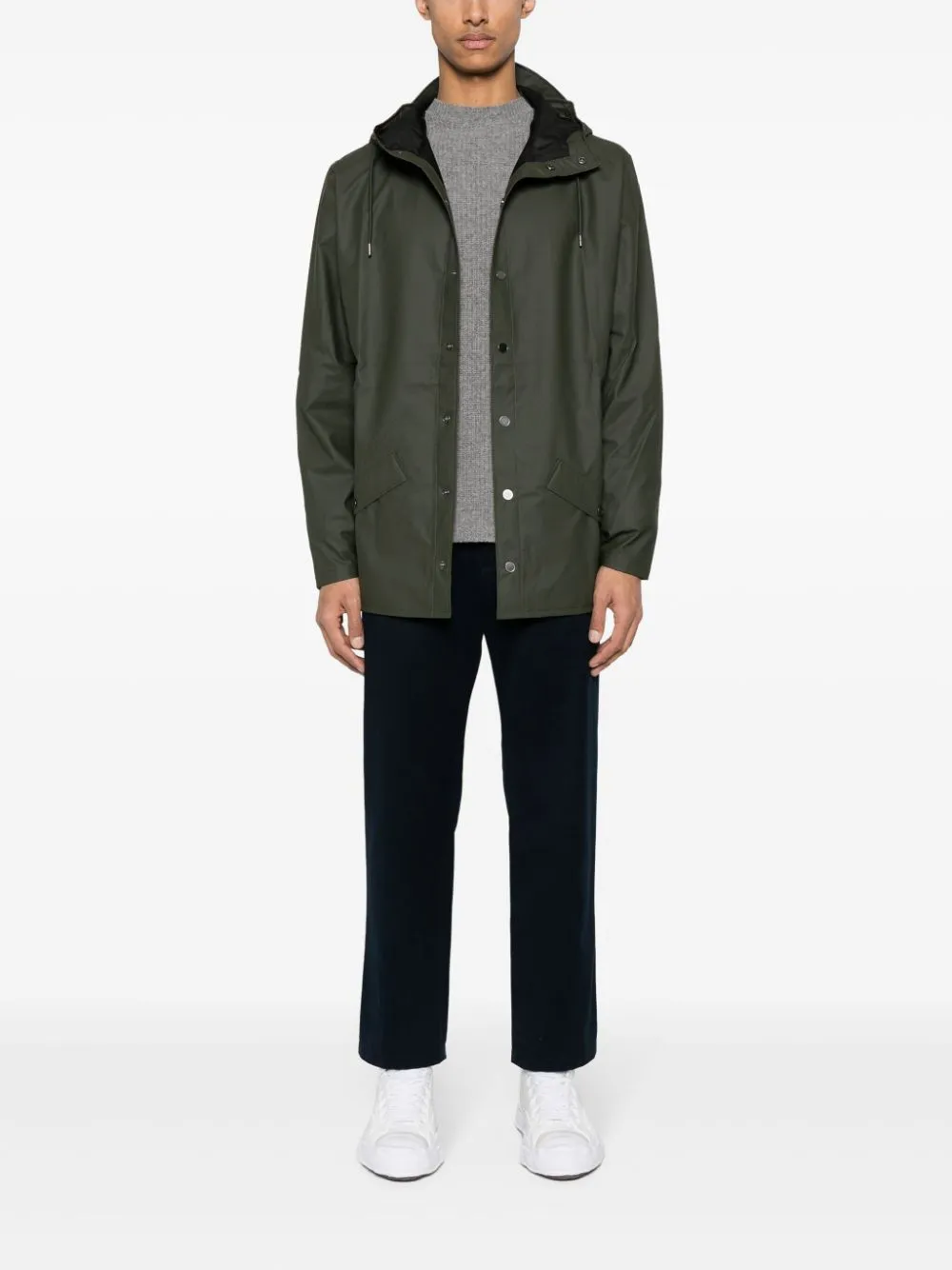 drawstring-hood buttoned rain jacket