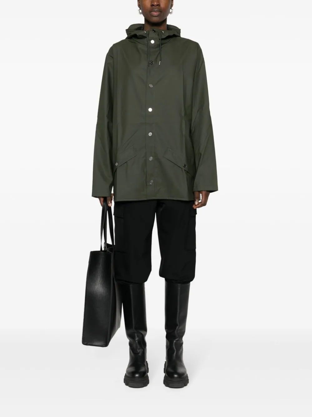 drawstring-hood buttoned rain jacket