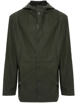 drawstring-hood buttoned rain jacket