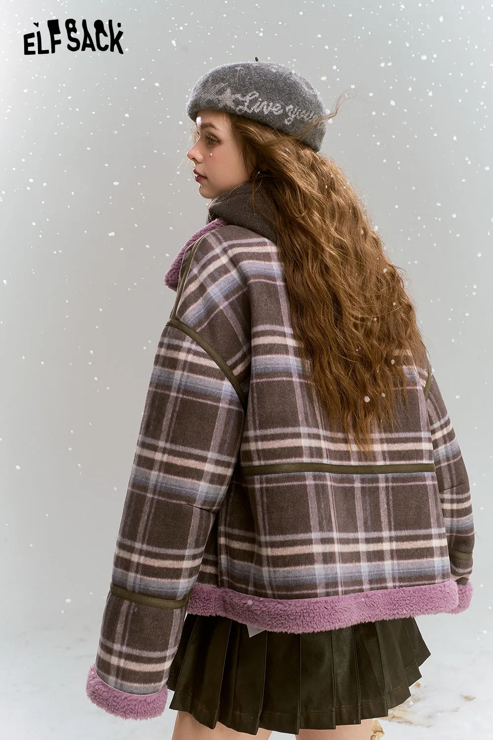 ELFSACK 2024 Winter New Arrivals Retro Preppy Style plaid short plush thick warm coat for women