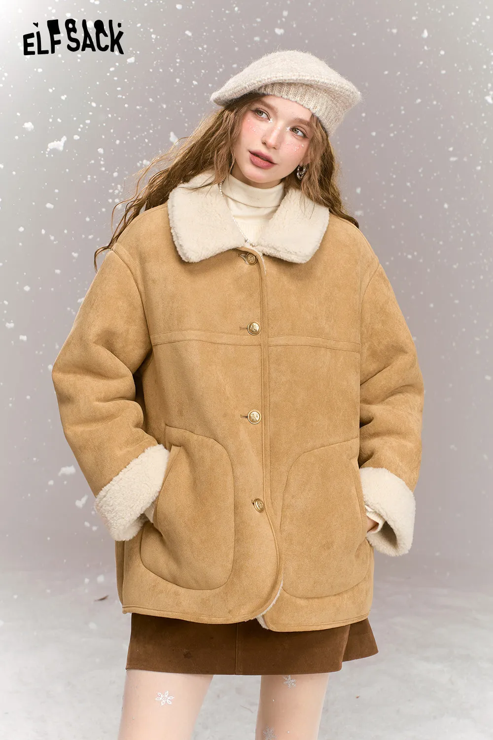 ELFSACK 2024 Winter New Arrivals Suede Plush Thickened Jacket Women Retro Casual Single Breasted Warm Jacket