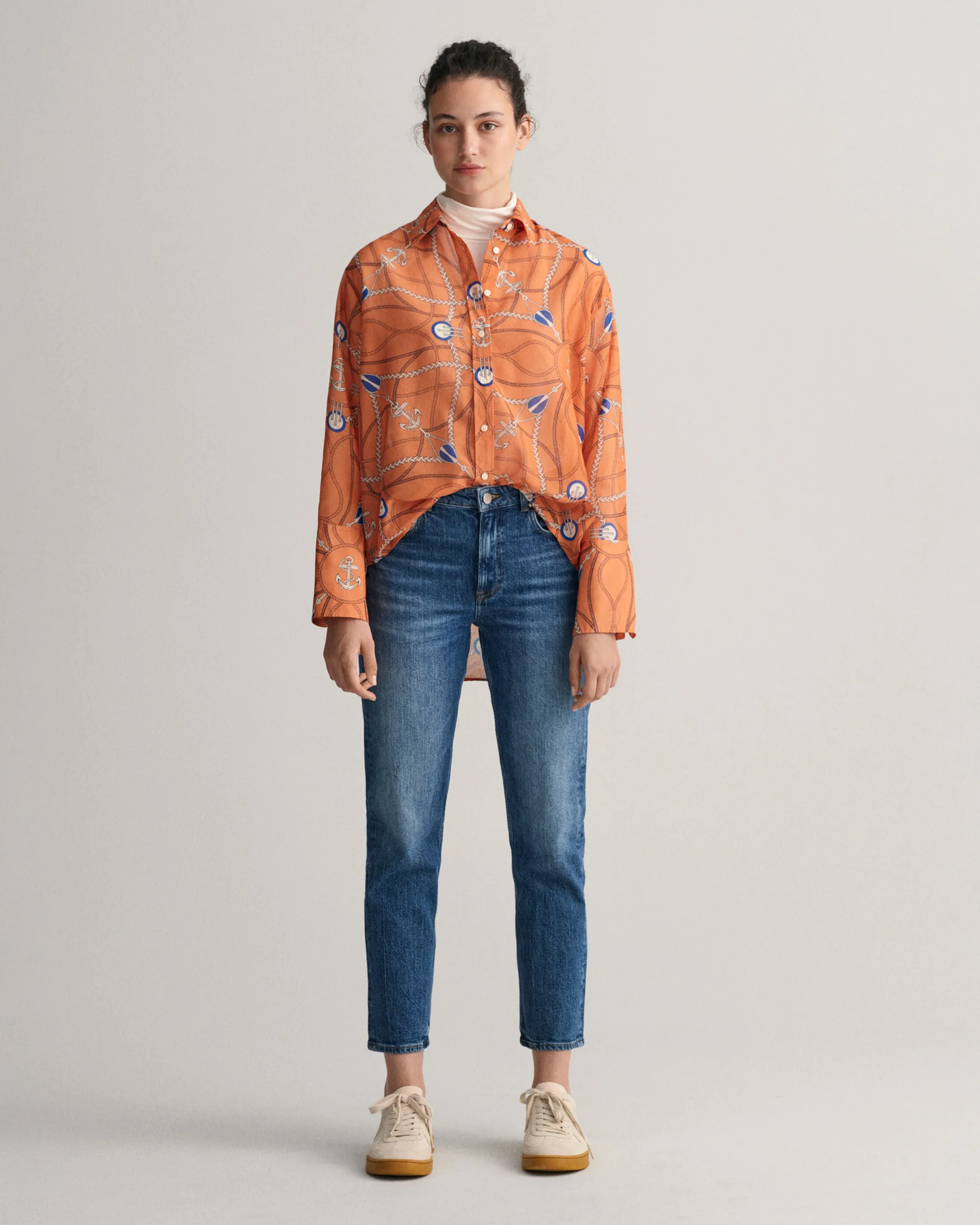 GANT Relaxed Fit Sailing Print Cotton Silk Blouse in Apricot 0154