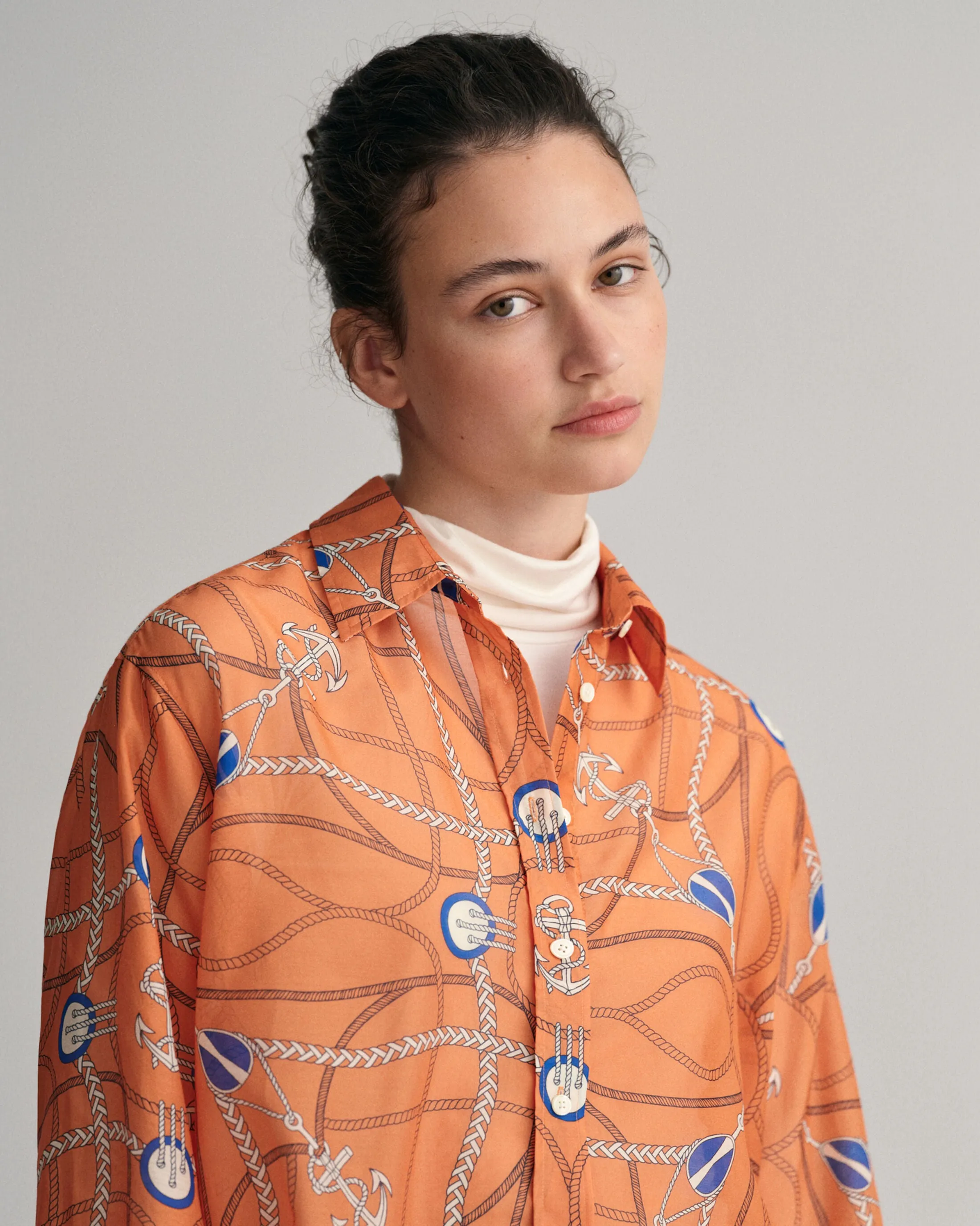 GANT Relaxed Fit Sailing Print Cotton Silk Blouse in Apricot 0154