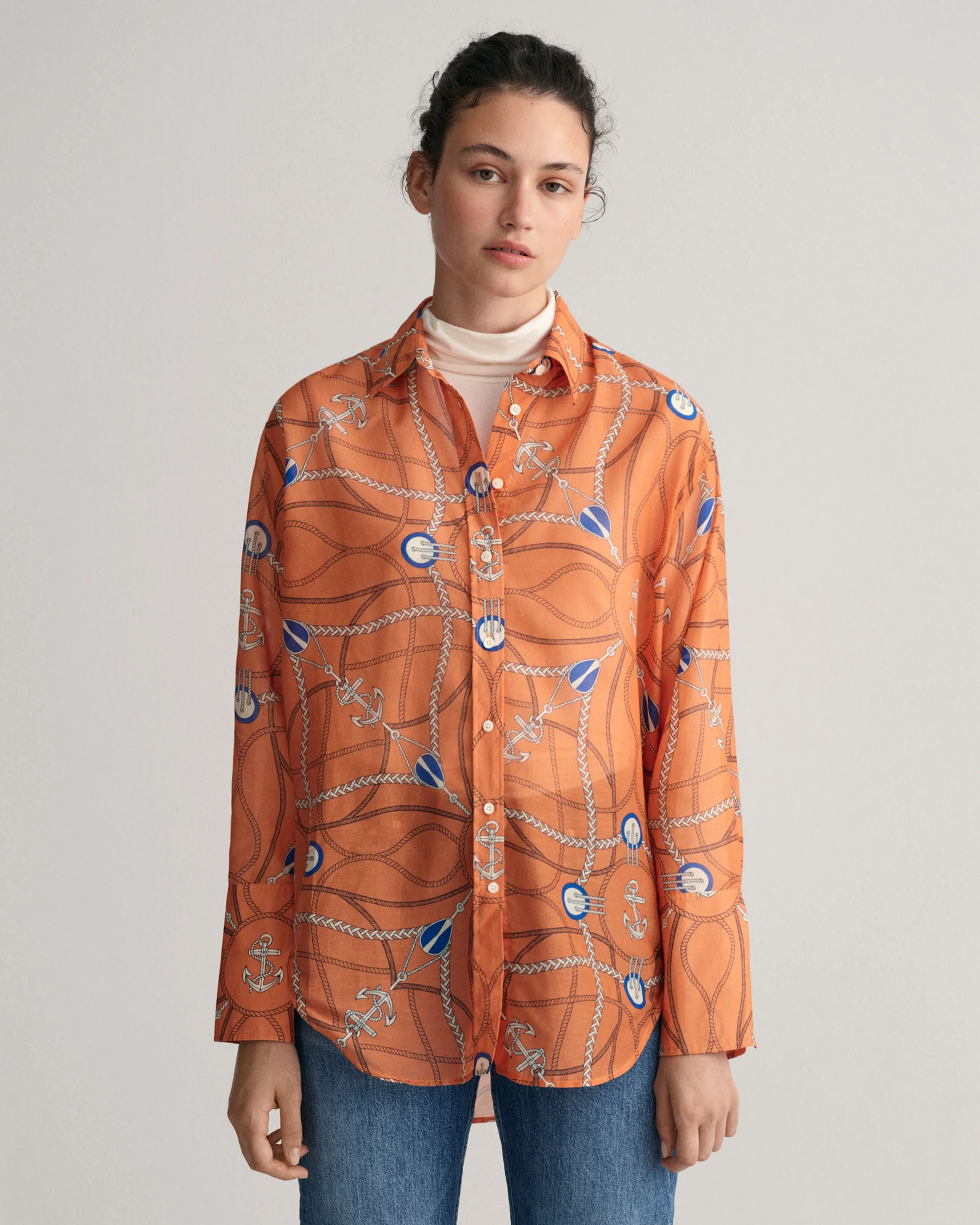 GANT Relaxed Fit Sailing Print Cotton Silk Blouse in Apricot 0154