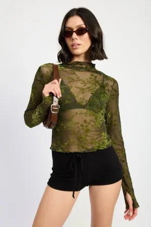 Hot Girl Hellebore Floral Lace Mock Neck Long Sleeve Top In Olive