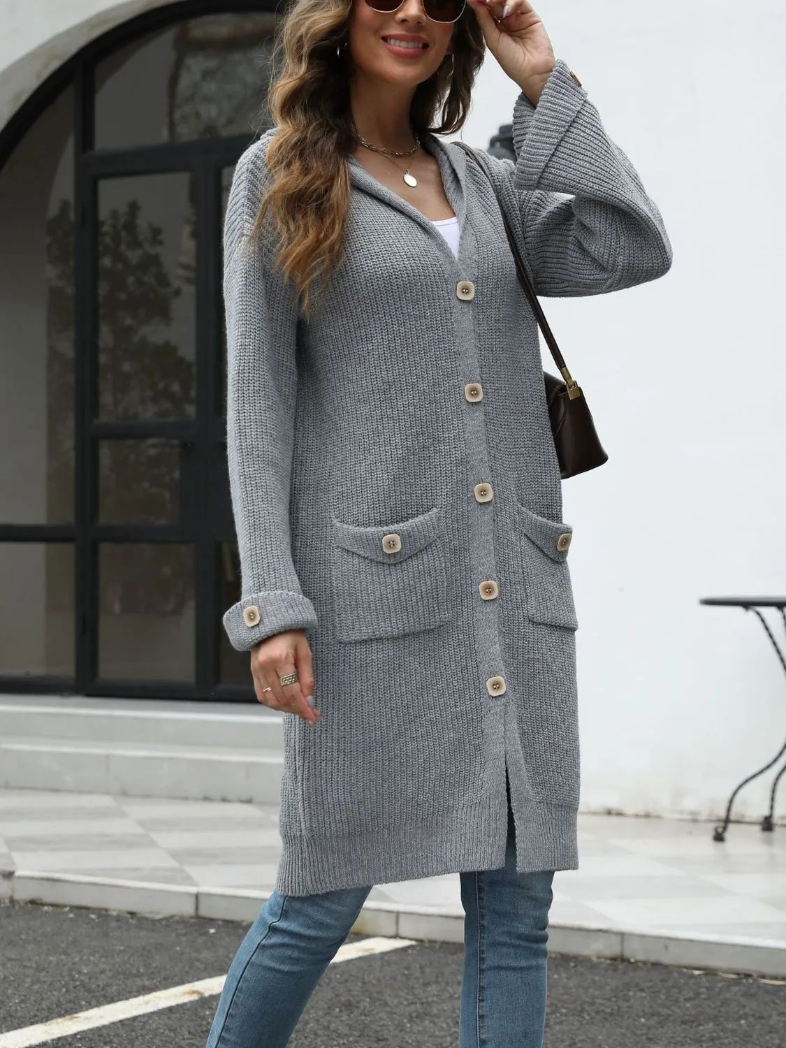 Katherine Pocketed Button Up Long Sleeve Hooded Sweater Cardigan