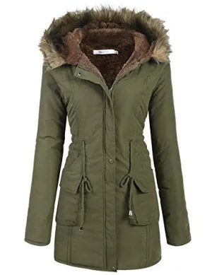 Meaneor Womens Hooded Warm Winter Faux Fur Lined Parkas Long Coats, Army Green, L