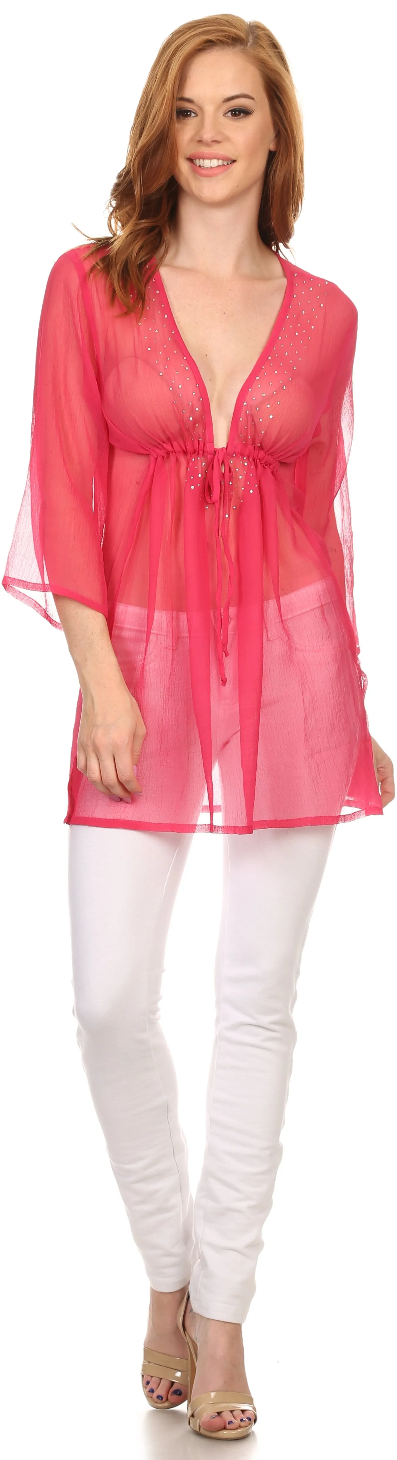 Sakkas Long Tall Sheer Adjustable Tie 3/4 Sleeve Rhinestone Tunic Shirt Blouse Top