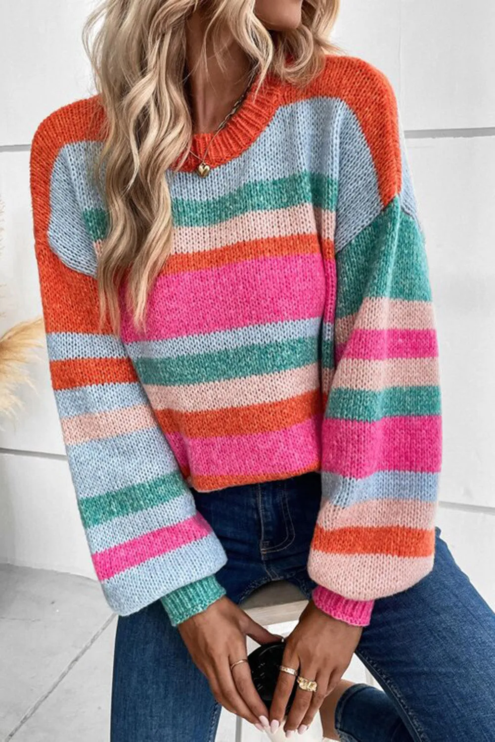 Striped Knit Puff Sleeve Sweater