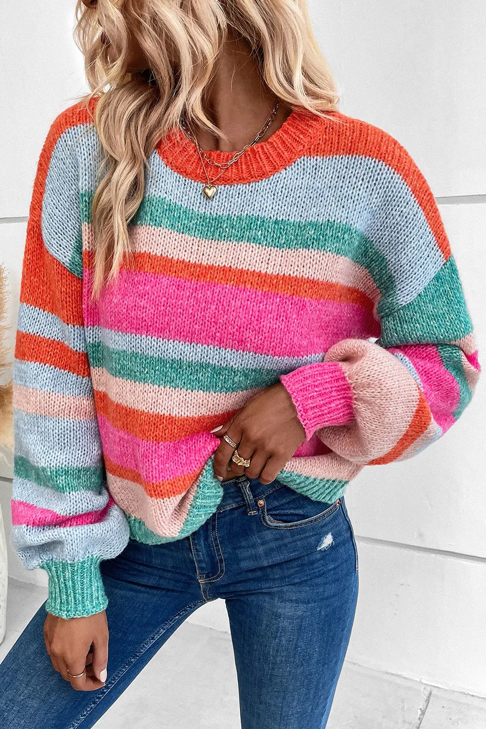 Striped Knit Puff Sleeve Sweater