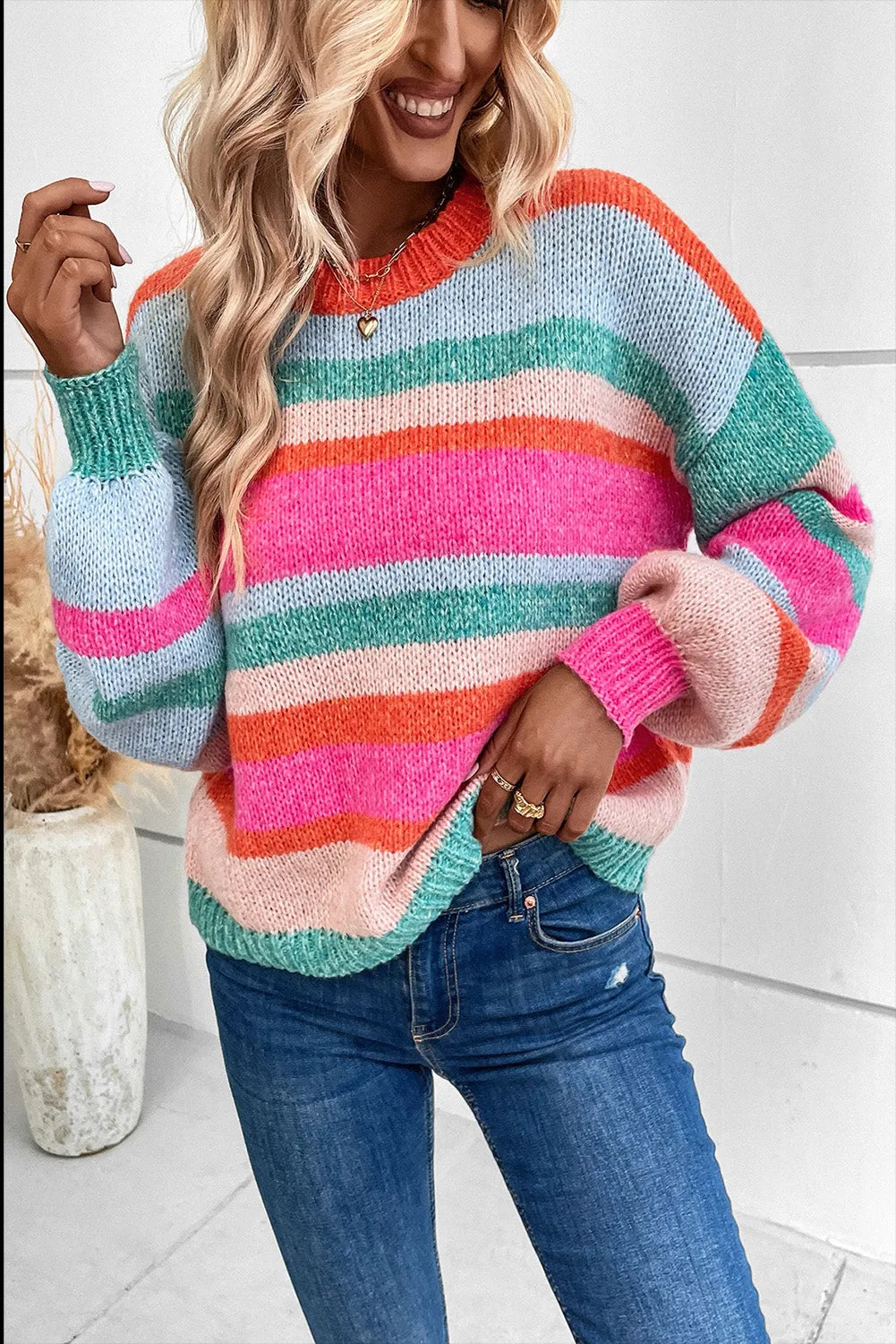 Striped Knit Puff Sleeve Sweater