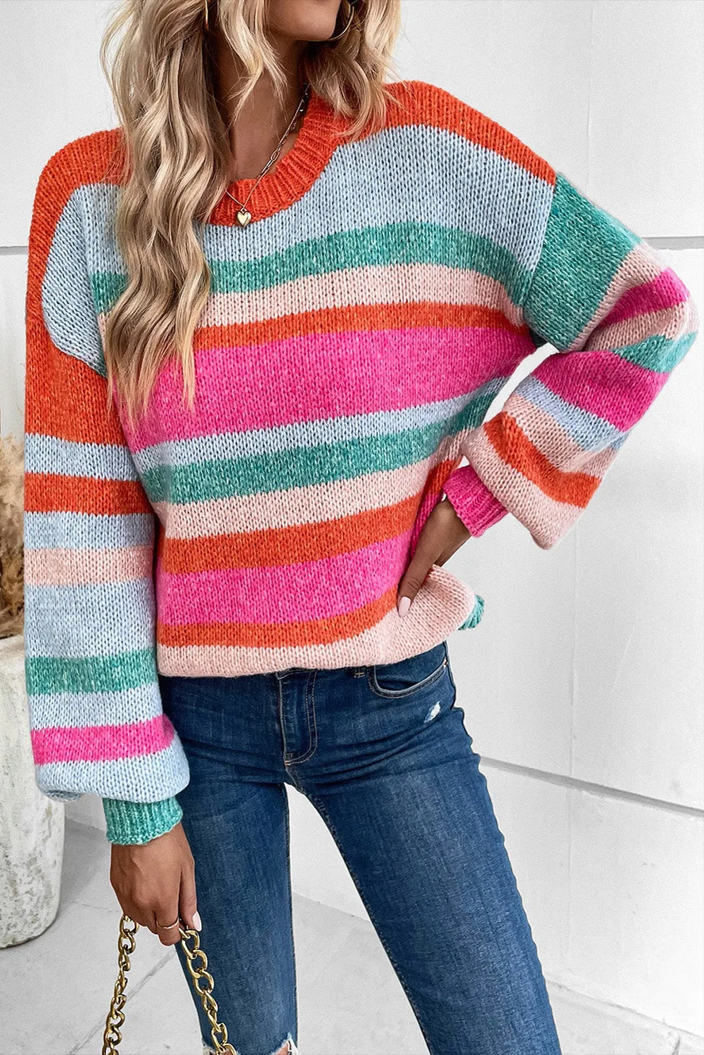 Striped Knit Puff Sleeve Sweater