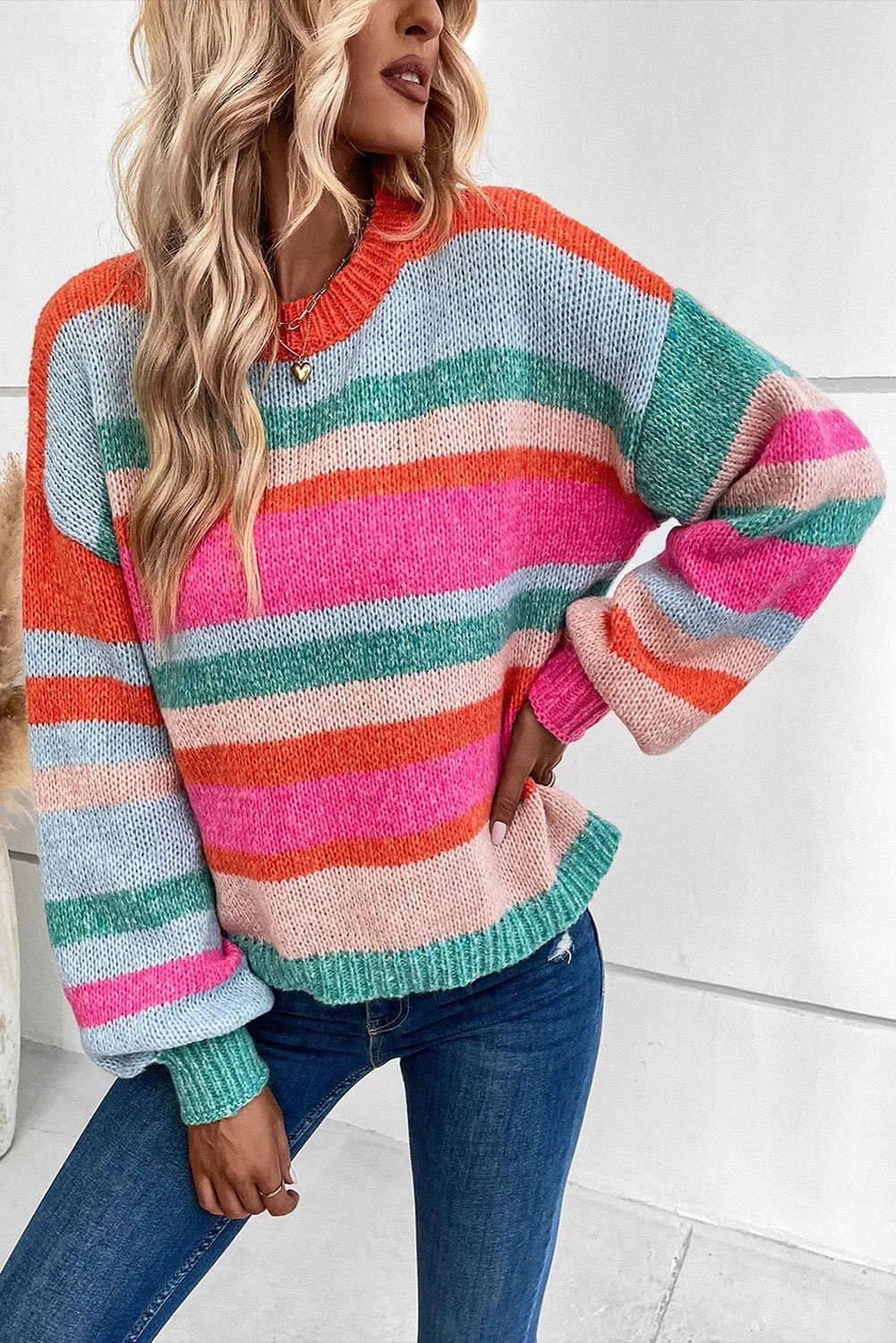 Striped Knit Puff Sleeve Sweater