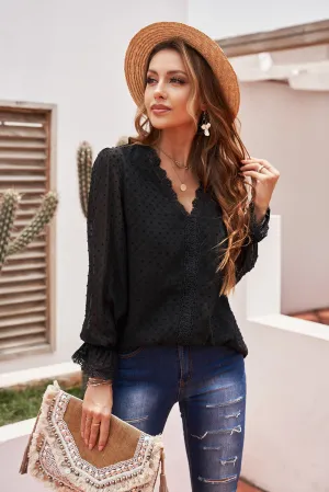 Swiss Dot Spliced Lace Flounce Sleeve Blouse