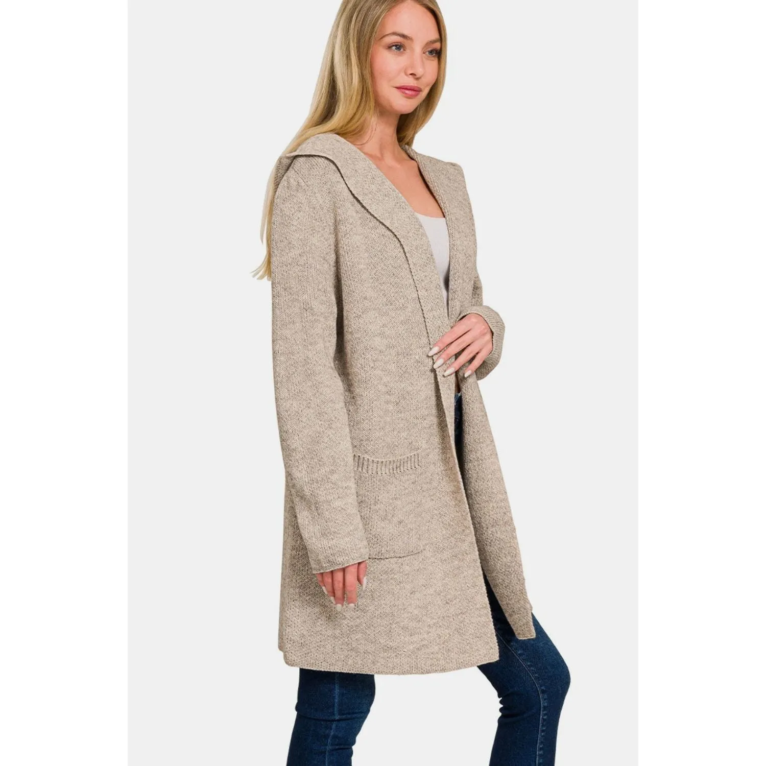 The Heather Oatmeal Hooded Open Front Sweater Cardigan