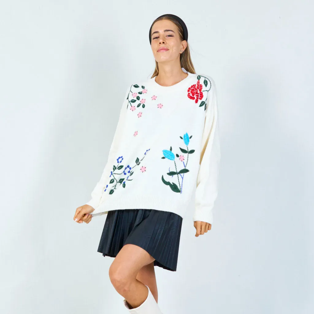 Vibrant floral applique sweater wholesale