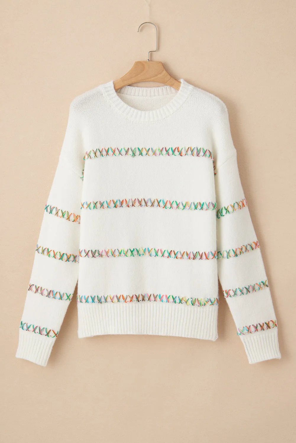 White Colorful Crossed Stitch Drop Shoulder Sweater